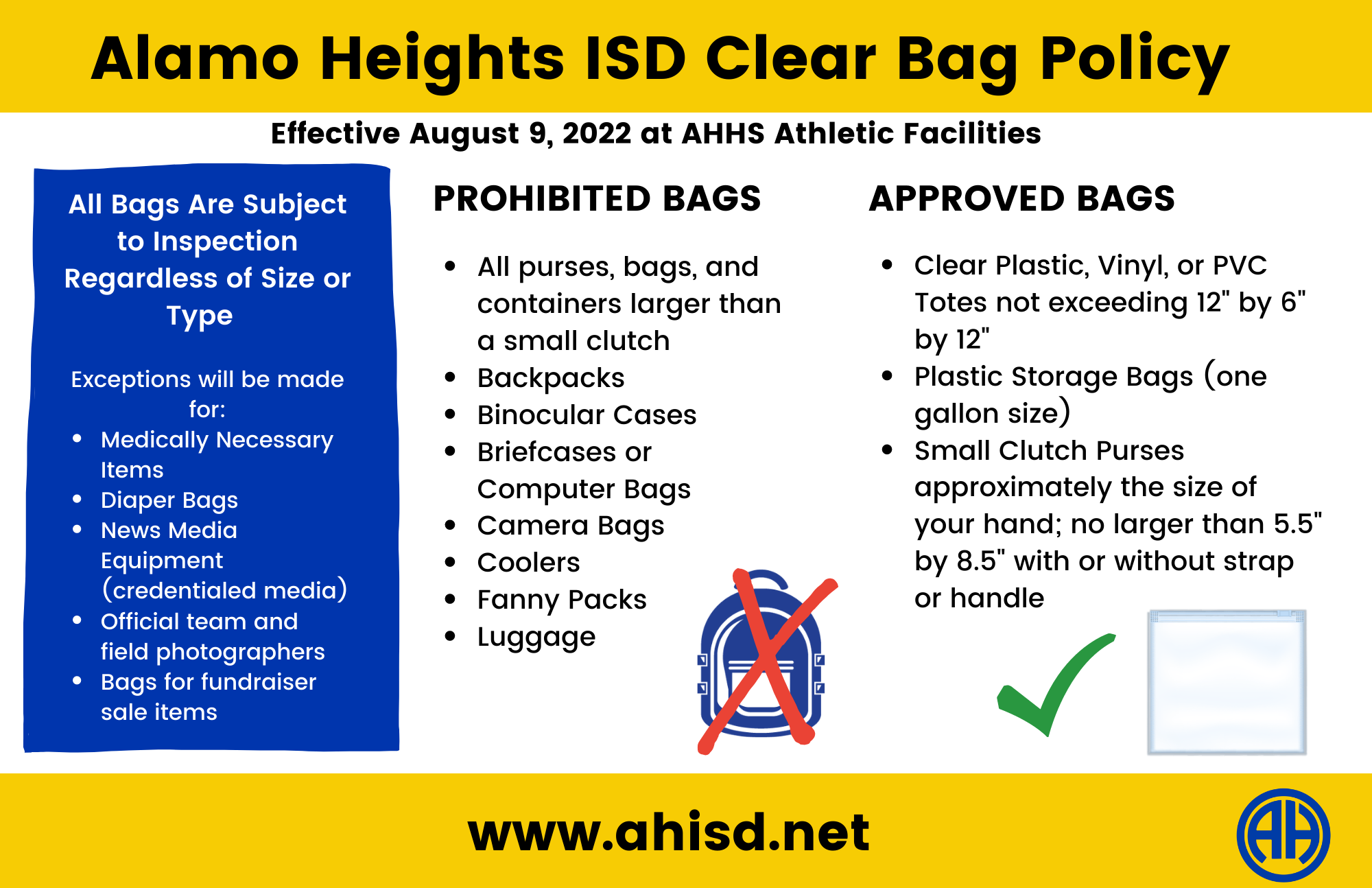 Clear Bag Policy for AHHS Athletic Facilities - Alamo Heights
